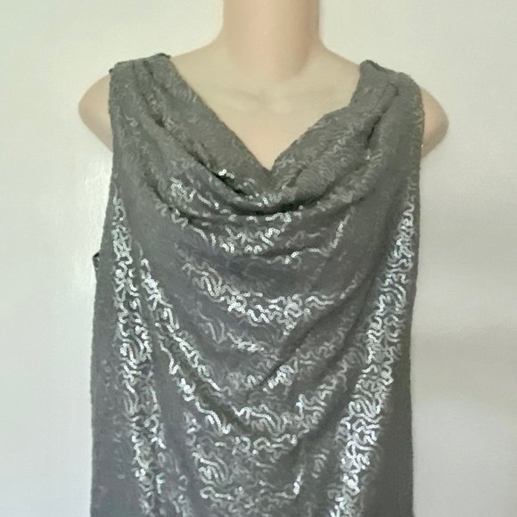 (7) Michael Kors Trendy Silver Metallic Sequins Draped Neck Blouse Tank … - Picture 2 of 7